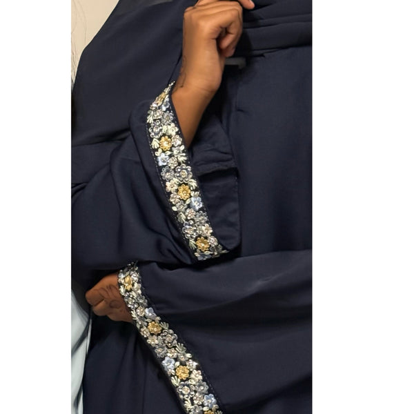 AIRAH CLOSED LACE ABAYA WITH POCKET NAVY BLUE