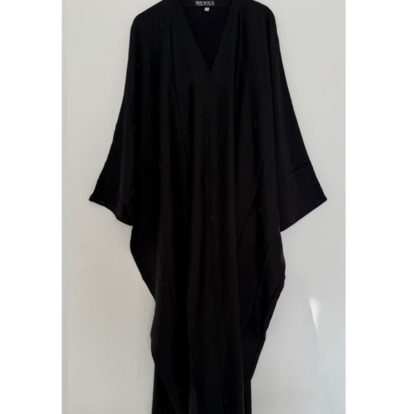 NOURAH BLACK EMBELLISHED FARASHA OPEN ABAYA WITH BUTTONS