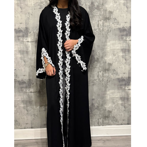 SIYAANA OPEN LACE ABAYA WITH BUTTONS WHITE