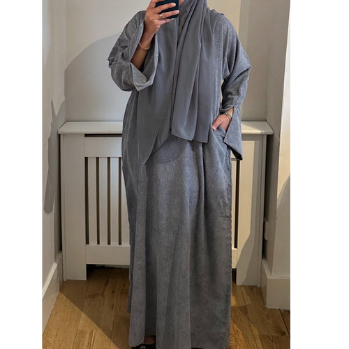 CORDUROY CLOSED 2 POCKET ABAYA GREY