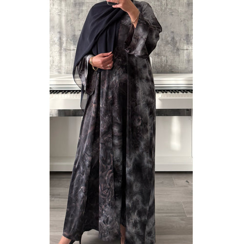 TIE DYE MARBLE OPEN ABAYA WITH BUTTONS - Grey/Blue