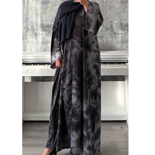 TIE DYE MARBLE OPEN ABAYA WITH BUTTONS - Grey/Blue