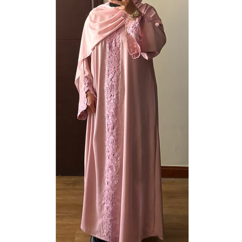 SIYAANA OPEN LACE ABAYA WITH BUTTONS - PINK