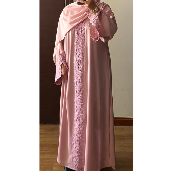 SIYAANA OPEN LACE ABAYA WITH BUTTONS - PINK