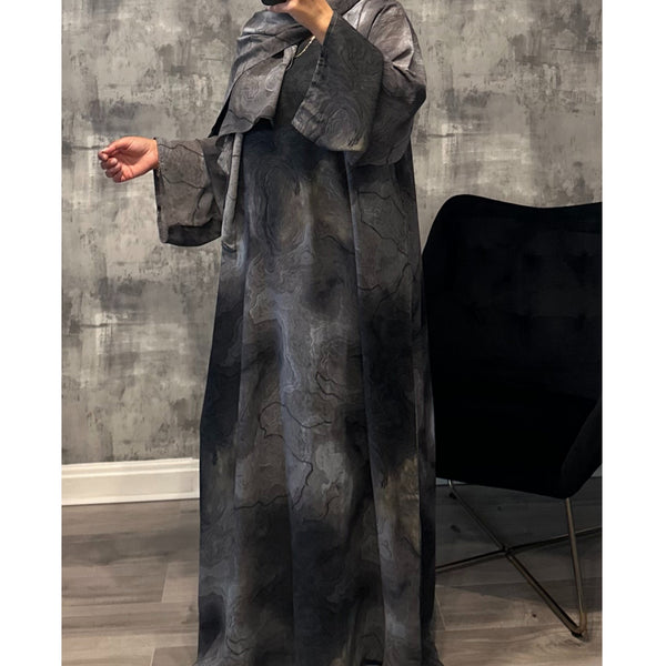 CLOSED MARBLE PRINT ABAYA WITH MATCHING HIJAB DARK GREY