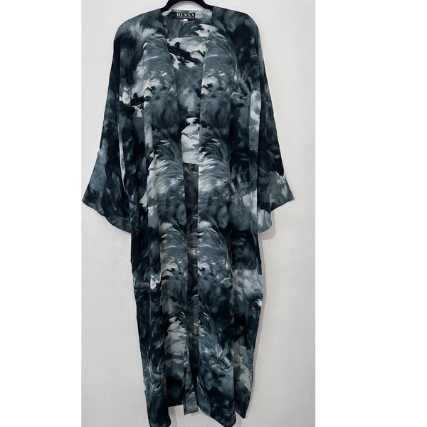 ABSTRACT PRINTED OPEN ABAYA GREEN