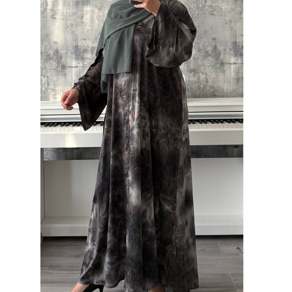 TIE DYE MARBLE OPEN ABAYA WITH BUTTONS - GREEN