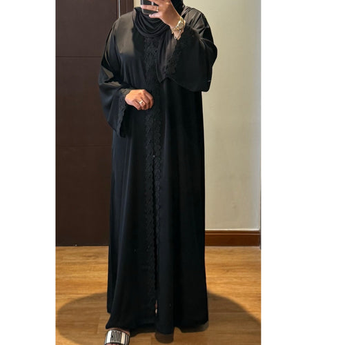 SAMIA LACE OPEN ABAYA WITH BUTTONS - BLACK