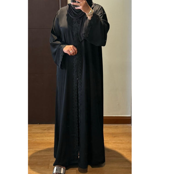 SAMIA LACE OPEN ABAYA WITH BUTTONS - BLACK