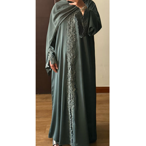 SIYAANA OPEN LACE ABAYA WITH BUTTONS - GREEN