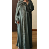 SIYAANA OPEN LACE ABAYA WITH BUTTONS - GREEN