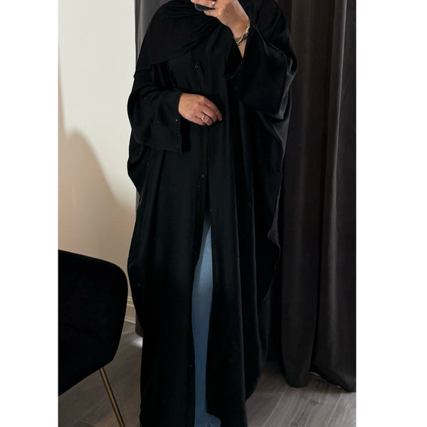 NOURAH BLACK EMBELLISHED FARASHA OPEN ABAYA WITH BUTTONS