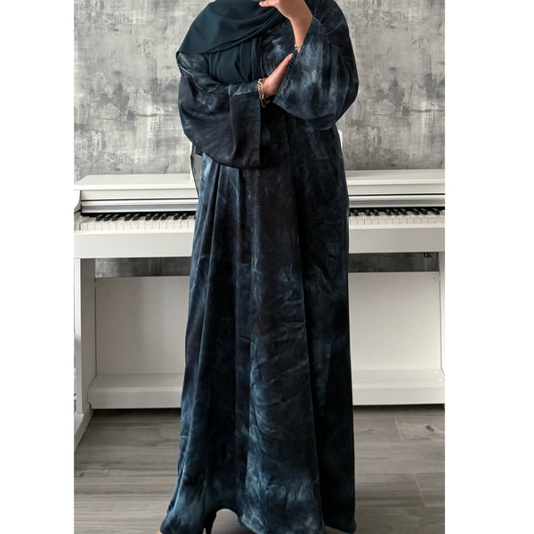 TIE DYE MARBLE OPEN ABAYA WITH BUTTONS - Teal blue