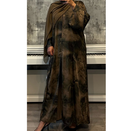 MARBLE PRINT 2.0 OPEN ABAYA WITH BUTTONS - GREEN MIX