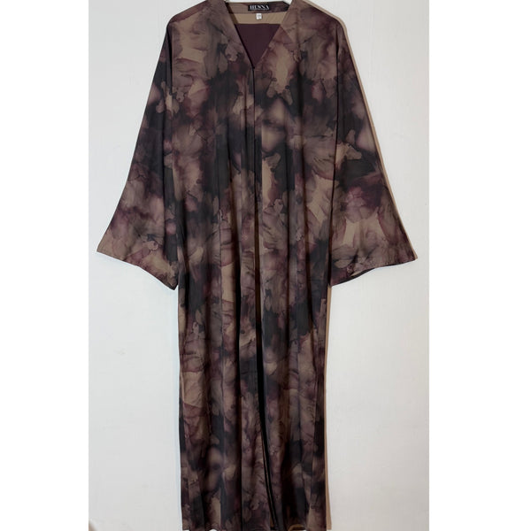 YUSRA PRINTED OPEN ABAYA WITH BUTTONS - Plum
