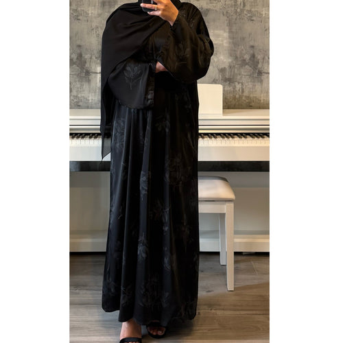 LIMITED EDITION FLOWER PRINTED OPEN ABAYA WITH BUTTONS - GREY PRINT