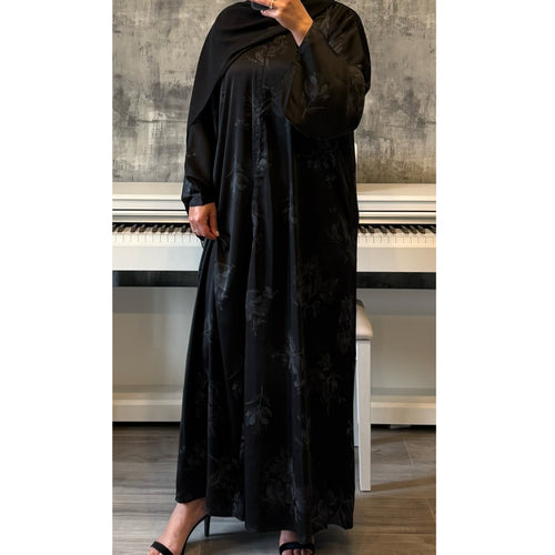 LIMITED EDITION FLOWER PRINTED OPEN ABAYA WITH BUTTONS - GREY PRINT