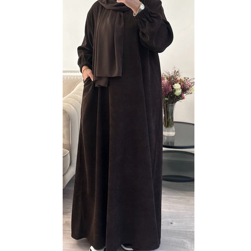 WINTER RIBBED ABAYA WITH TWO POCKETS BROWN