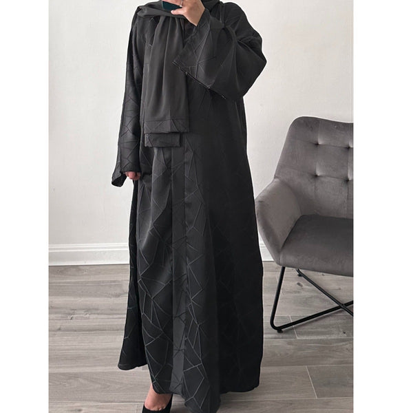 ZAHIRA PRINT ABAYA DARK GREY