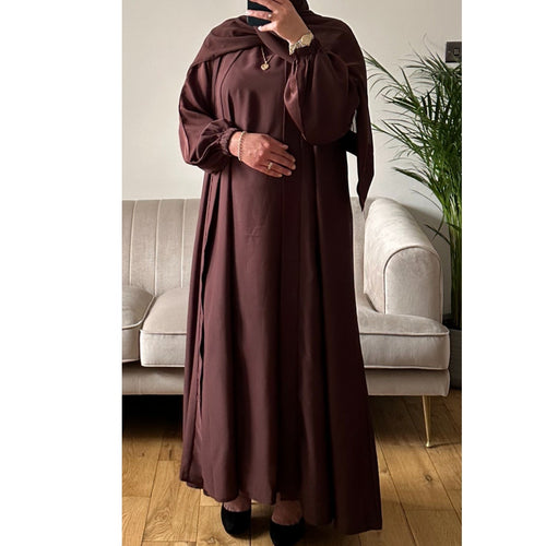 4 PIECE ELASTIC CUFFED SLEEVES ABAYA SET BROWN