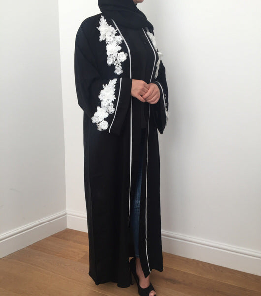 BLACK FLOWER OPEN ABAYA - Husna Collections