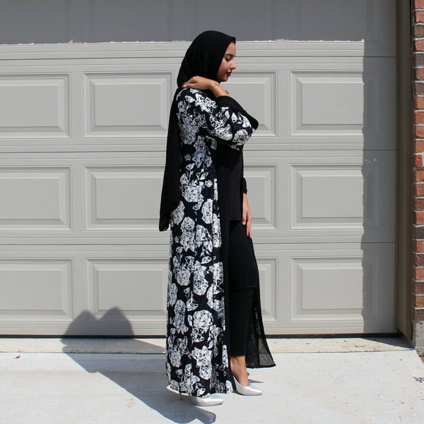 OPEN ABAYA KIMONO BLACK/WHITE MIX - Husna Collections