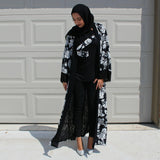 OPEN ABAYA KIMONO BLACK/WHITE MIX - Husna Collections