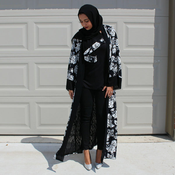 OPEN ABAYA KIMONO BLACK/WHITE MIX - Husna Collections