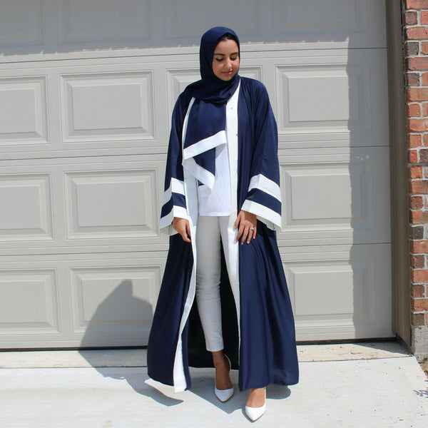 OPEN ABAYA NAVY/WHITE - Husna Collections