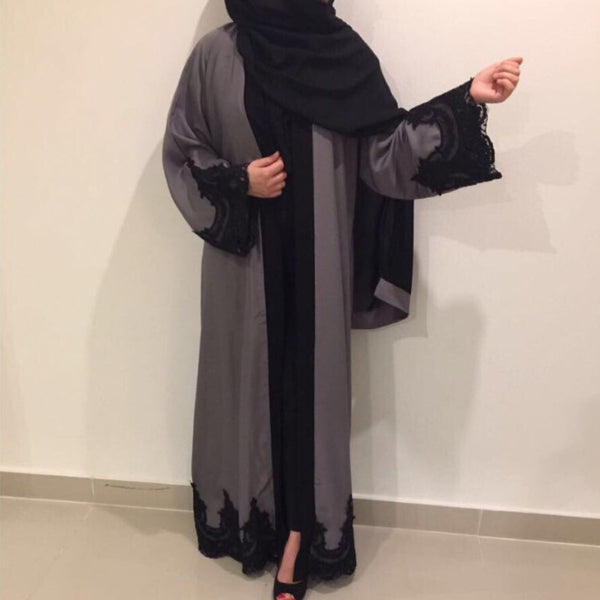 OPEN ABAYA GREY LACE - Husna Collections