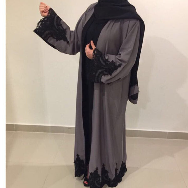 OPEN ABAYA GREY LACE - Husna Collections