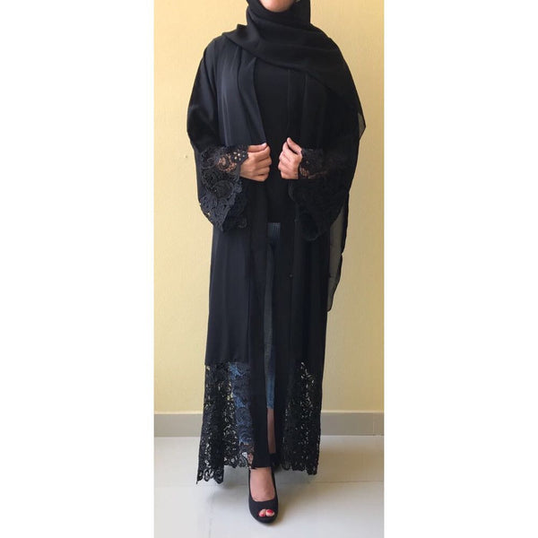 AMBER BLACK LACE ABAYA - Husna Collections