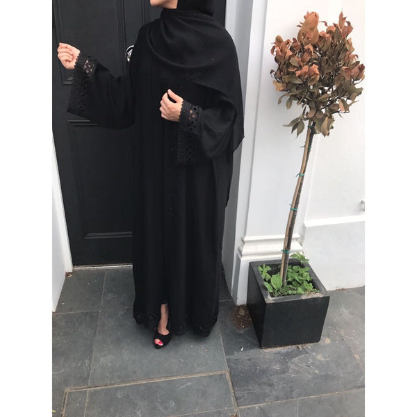 BLACK CROCHET OPEN ABAYA - Husna Collections