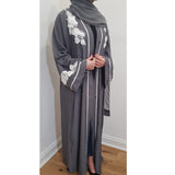 WHITE FLOWER ABAYA GREY - Husna Collections