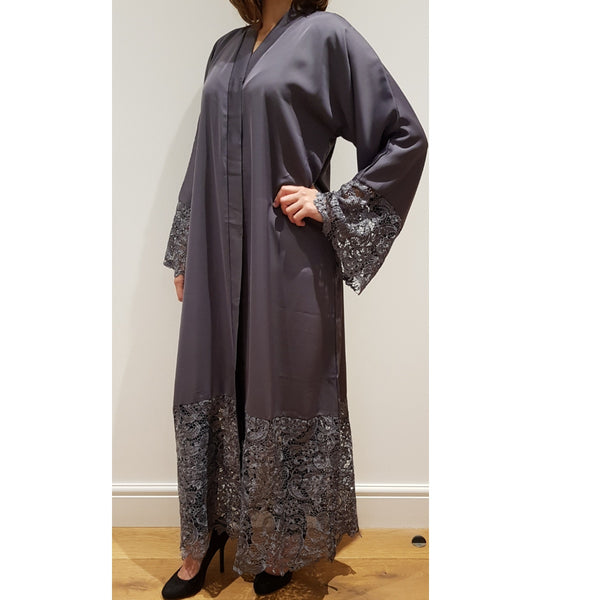 AMBER DARK GREY LACE ABAYA - Husna Collections