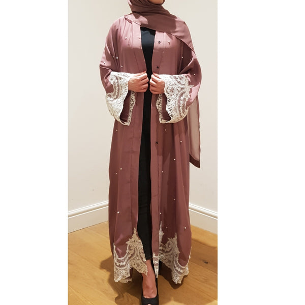 DUSTY PINK PEARL LACE ABAYA