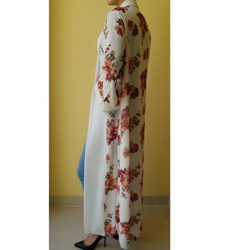 WHITE FLORAL MIX KIMONO/ABAYA - Husna Collections