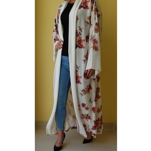 WHITE FLORAL MIX KIMONO/ABAYA - Husna Collections