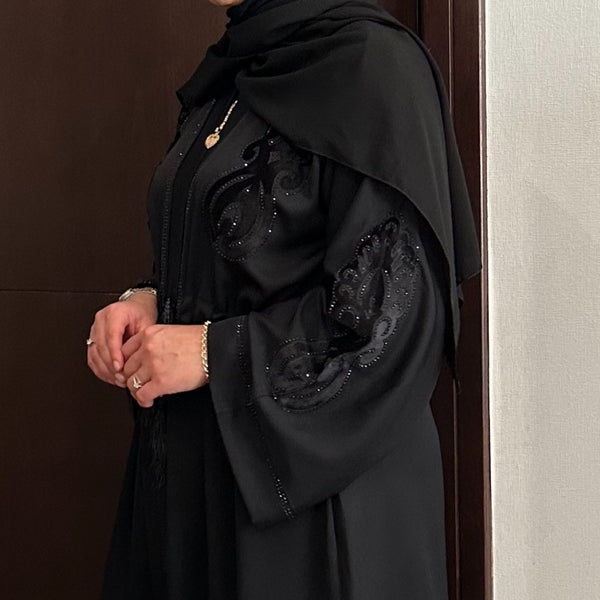 BLACK UMBRELLA EMBELLISHED DETAILED ABAYA