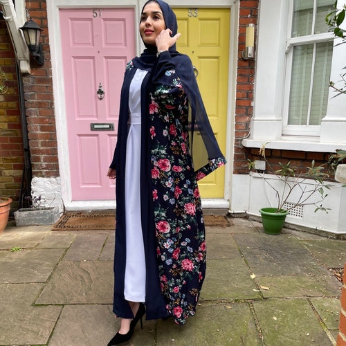 FLORAL PRINT KIMONO ABAYA NAVY