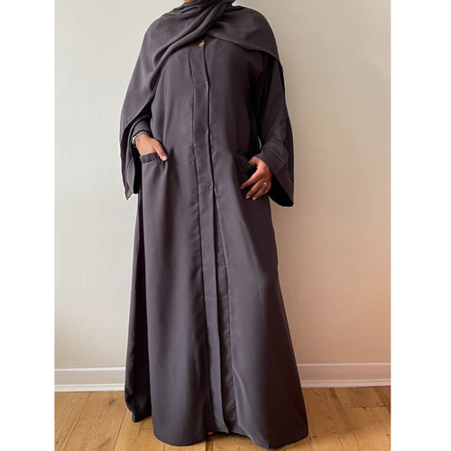 GREY OPEN ABAYA WITH POCKETS