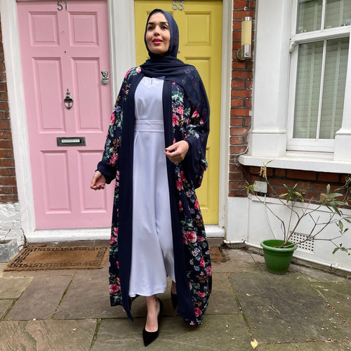 FLORAL PRINT KIMONO ABAYA NAVY