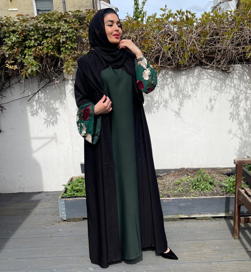 FLORAL BLOSSOM ABAYA BLACK/FOREST GREEN