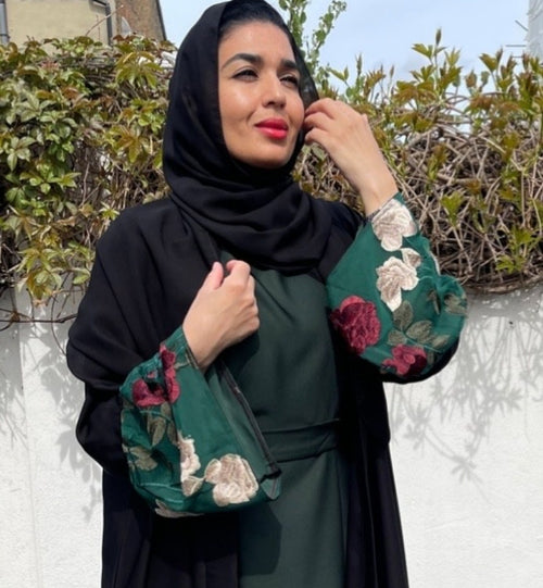 FLORAL BLOSSOM ABAYA BLACK/FOREST GREEN