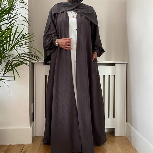 WINTER 2 POCKET RIBBED OPEN STYLE ABAYA GREY