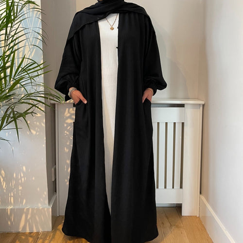 WINTER RIBBED 2 POCKET OPEN STYLE ABAYA BLACK